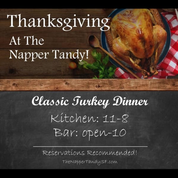 Thanksgiving dinner advertisement for The Napper Tandy, featuring a roasted turkey on a wooden table.