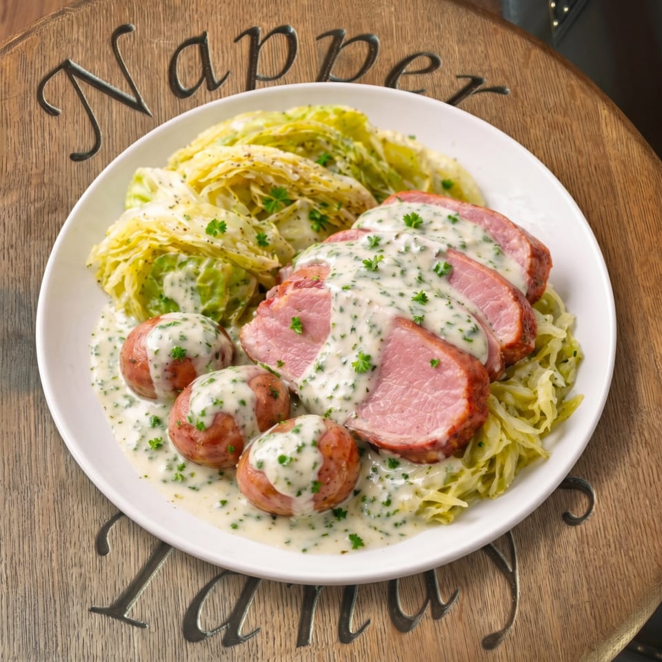 Sliced pork loin, potatoes, and cabbage covered in a creamy herb sauce on a white plate.