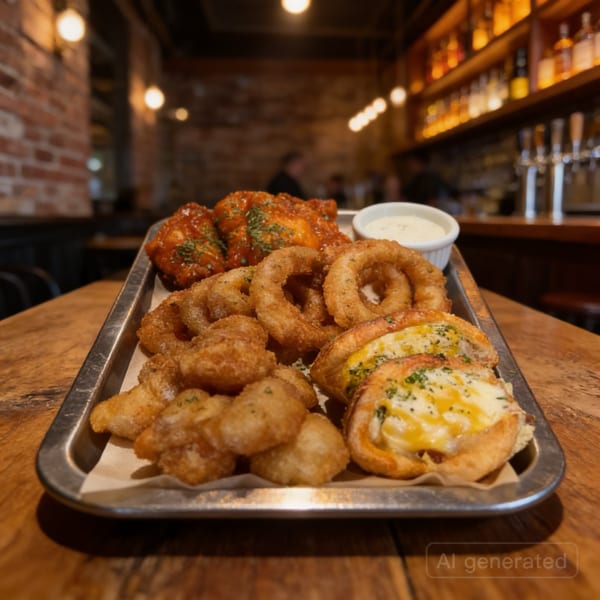 A metal tray of fried appetizers, including wings, onion rings, and cheesy bread, on a wooden table.